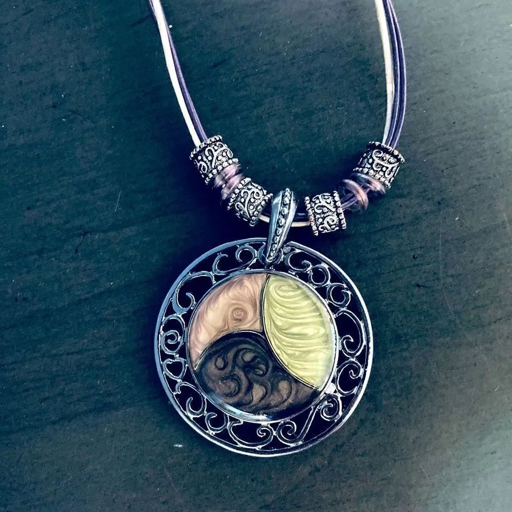 Silver Scroll Swirl Green Brown Pendant Cord Necklace